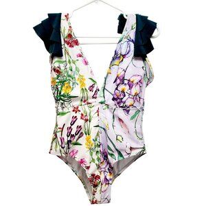 Floral V-Neck One-Piece Swimsuit With Ruffle Sleeves Size S